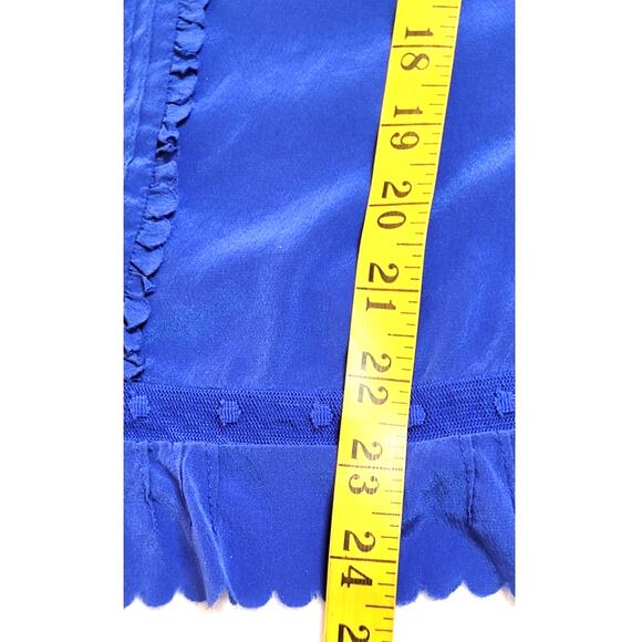 Womens Elevated Blue Silk Short Sleeve Top Blouse Sz L Lace Ruffles Detailing - Picture 4 of 11